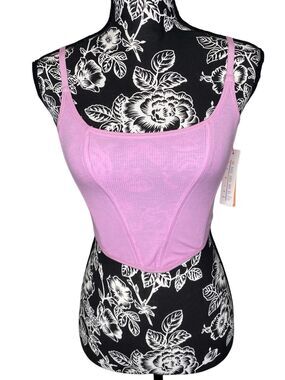 Colsie Pink Ribbed Corset Crop Cami Tank Top Coquette Y2K Festival Stretch